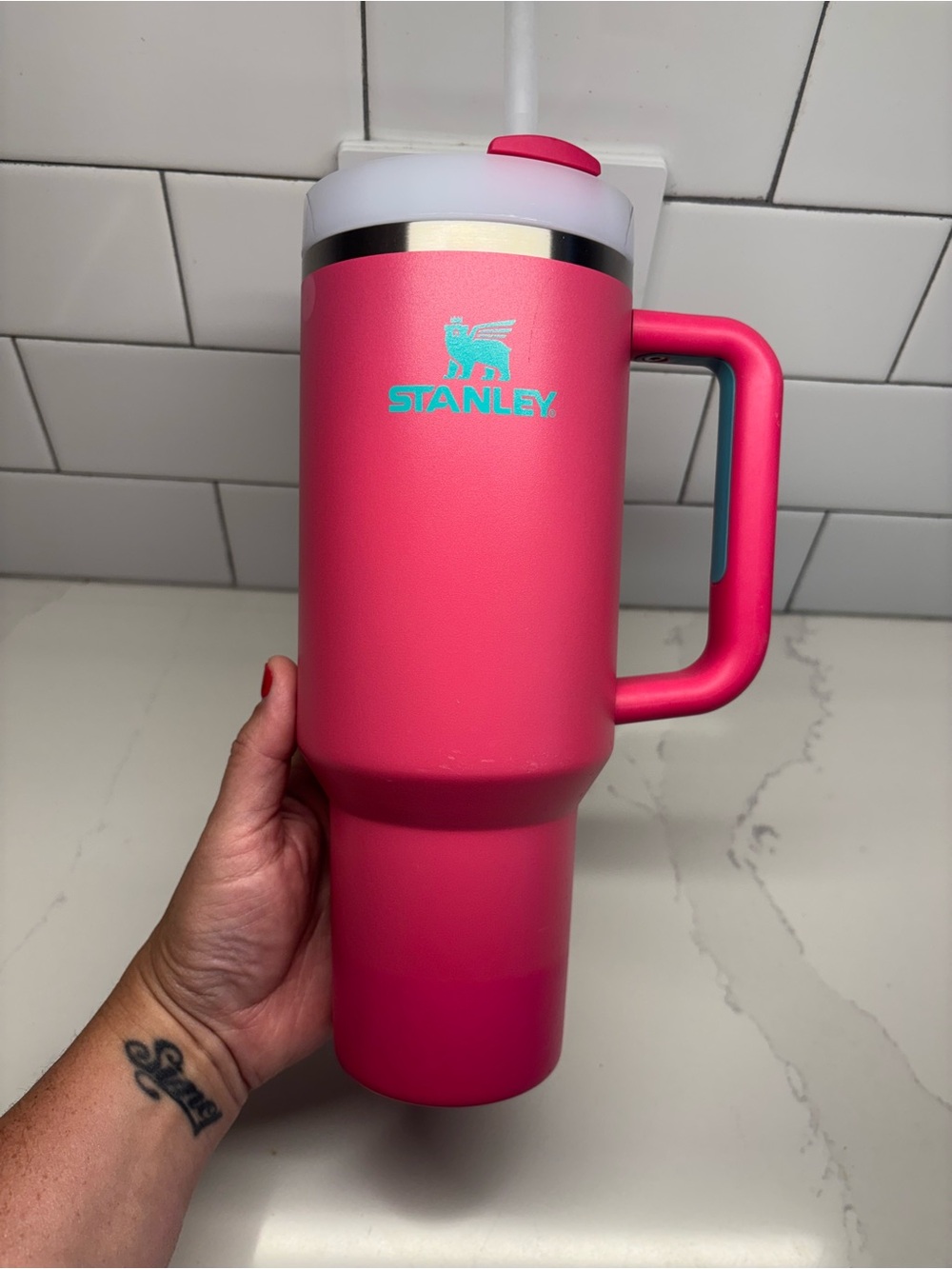 Stanley Pink/teal tumbler with Handle and White Lid straw